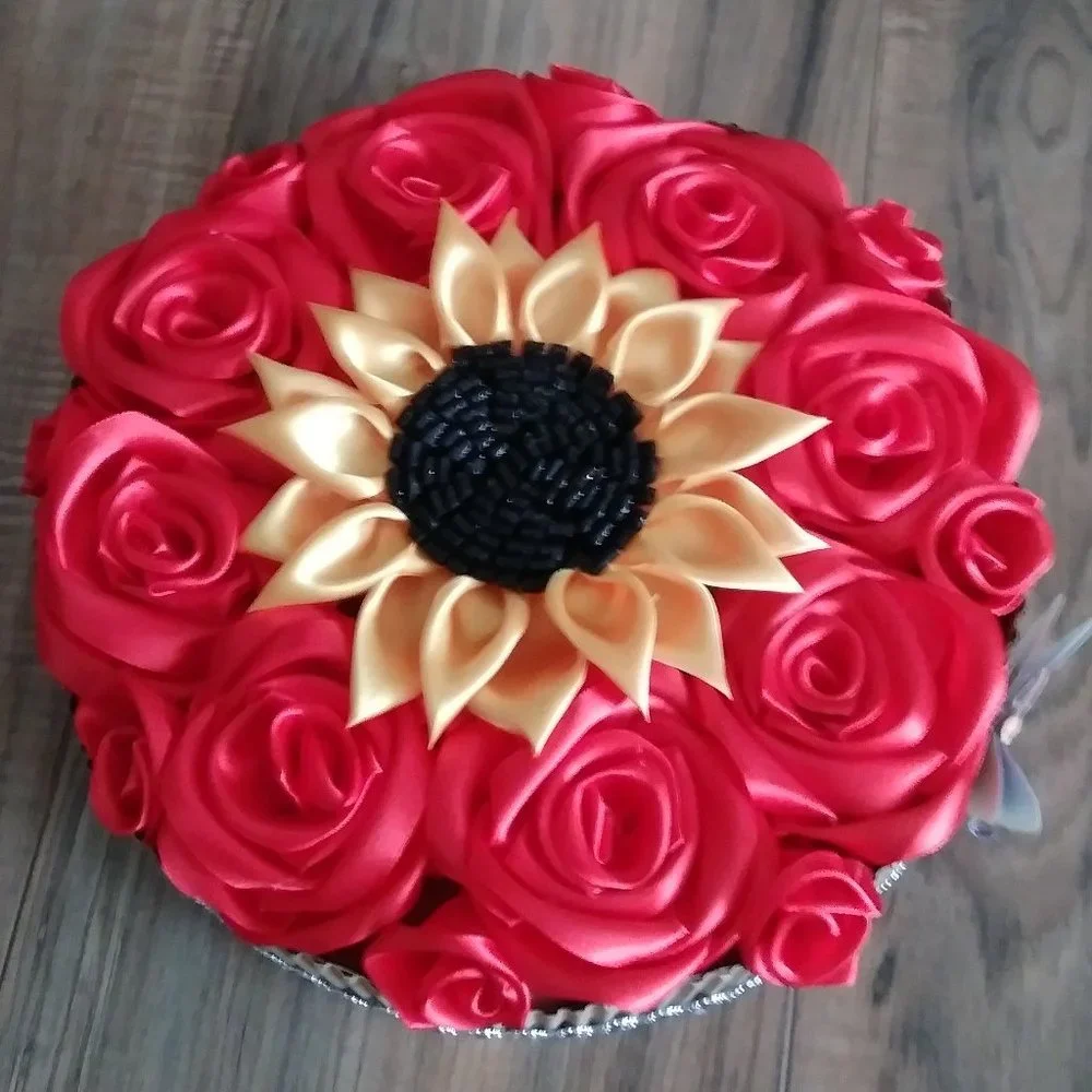 Eternal red satin rose floral arrangement, love box 8 red roses, 1 sunflower